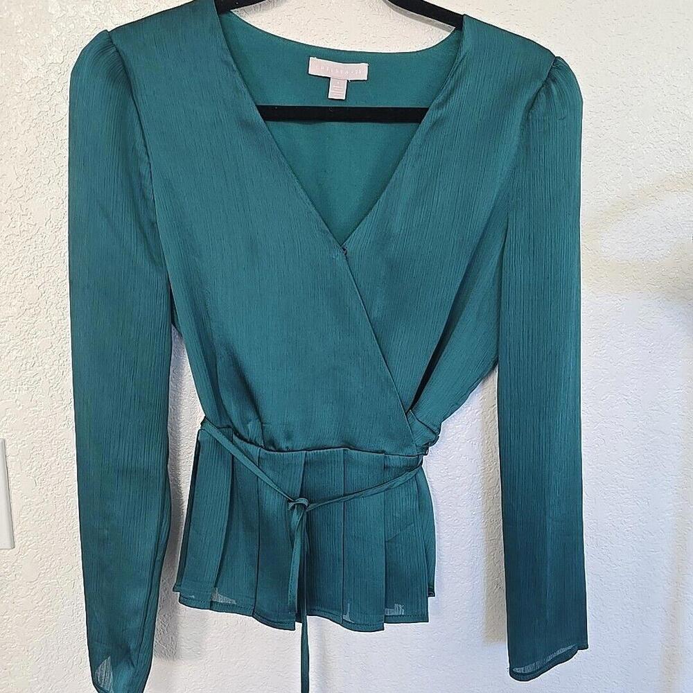 Chelsea28 Womens Green Long Sleeve Pleated Wrap Top Surplice V Neck Side Tie S